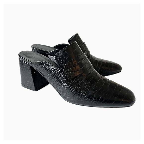 Freda Salvador Croc Embossed Leather Heeled Mules Clogs Loafers Black - Picture 1 of 8